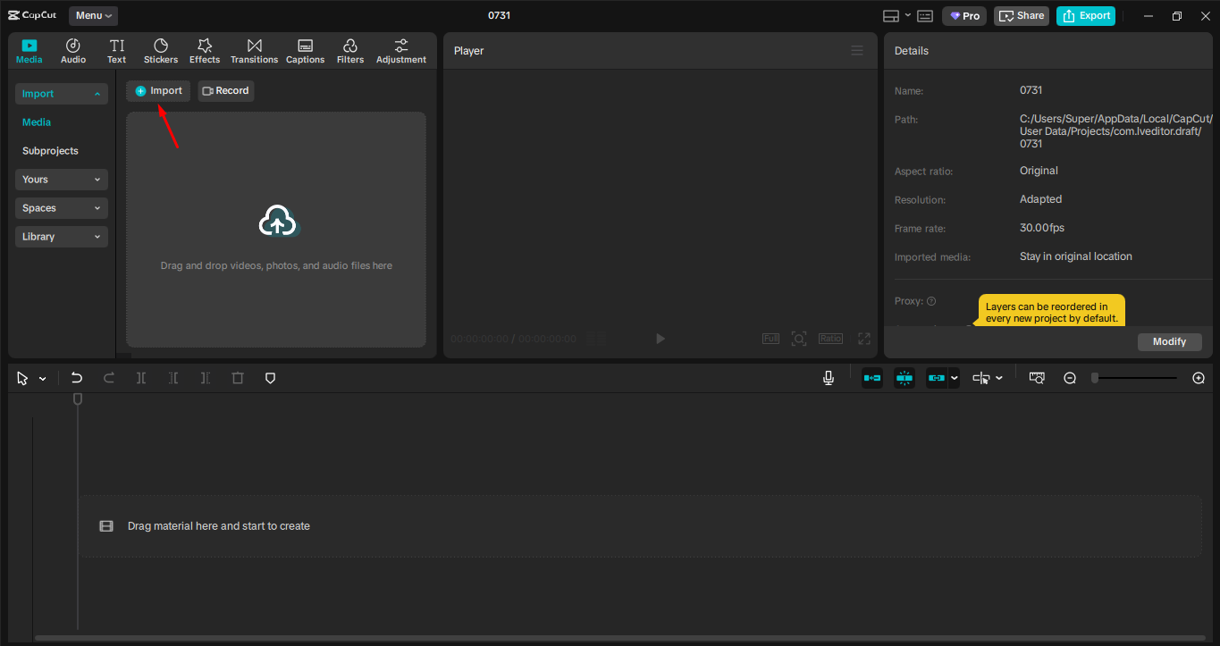 Importing the video into the CapCut desktop video editor
