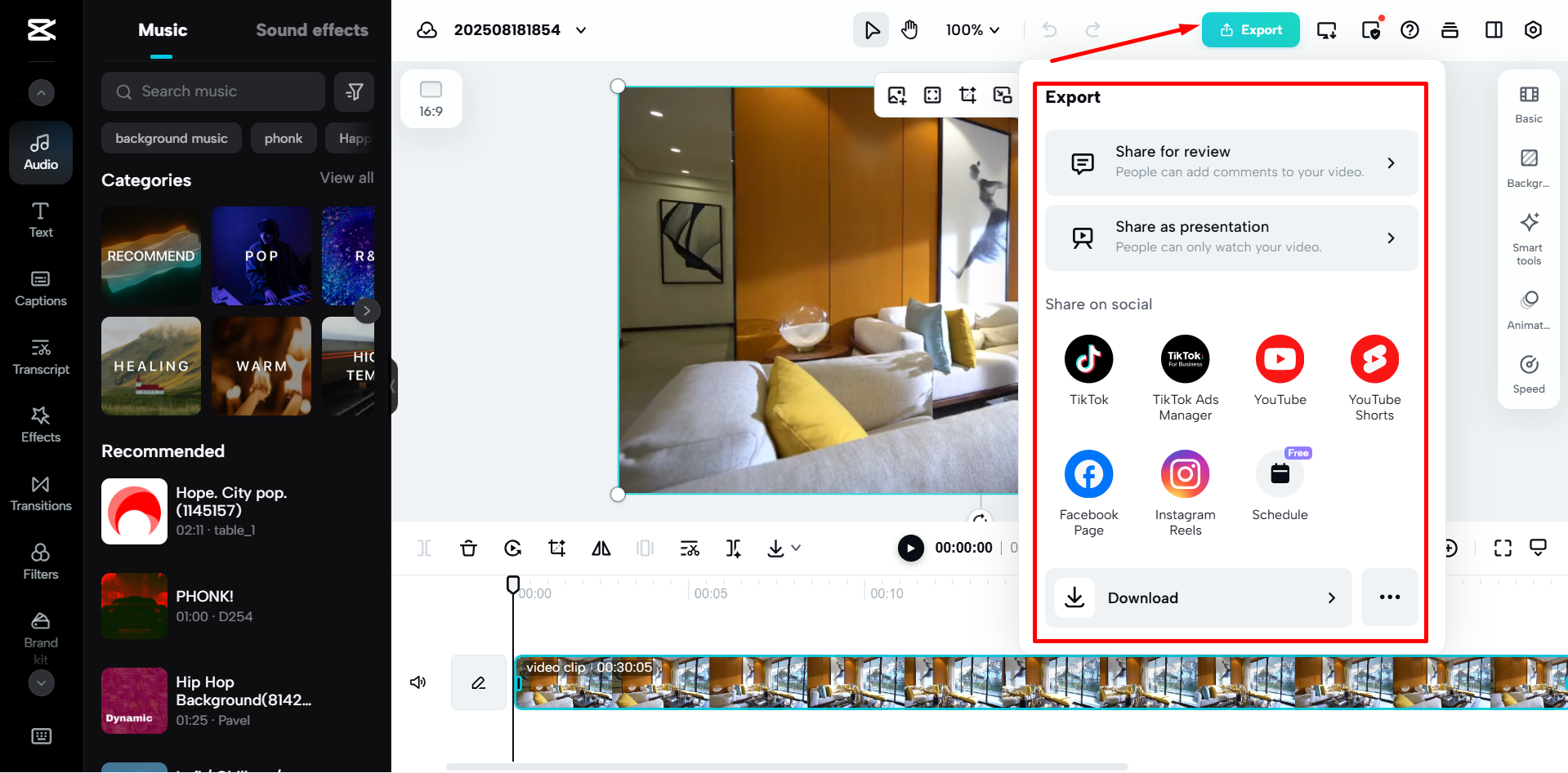 Das finale Video aus CapCut Web exportieren