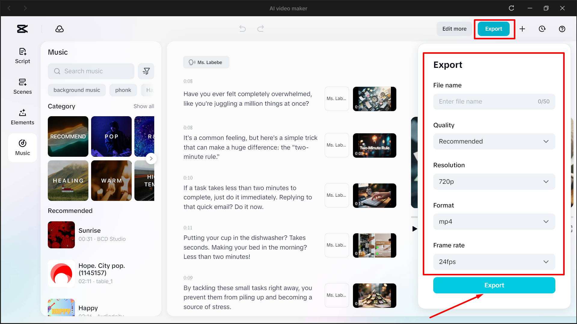 Exporting the final video from CapCut