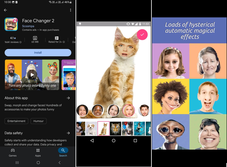 Interface of Face Changer 2 - a popular funny photo maker app on mobile