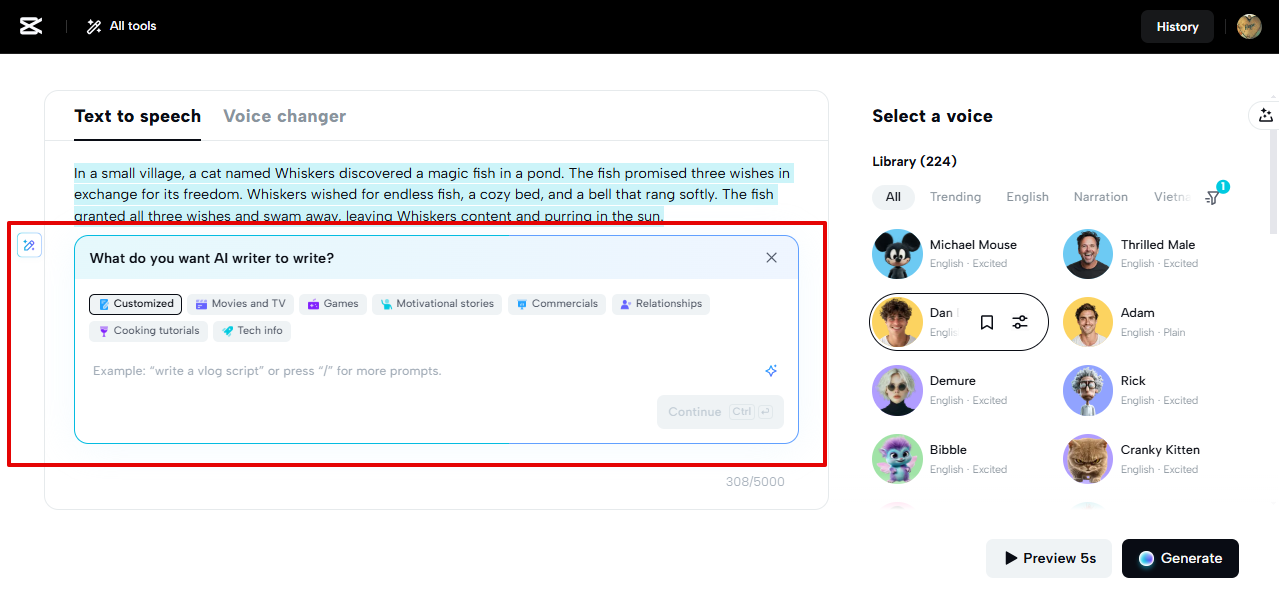 CapCut Web AI scriptwriter