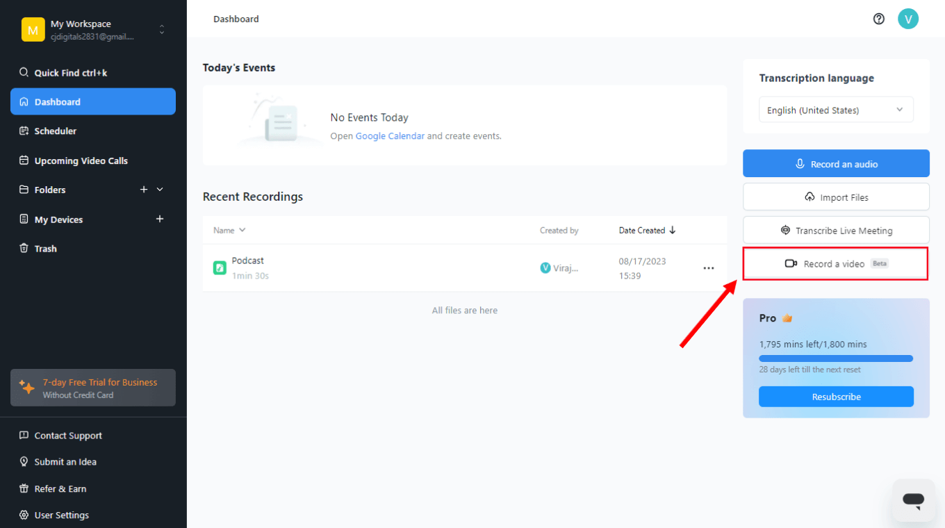 Interface of Notta - the best free screen capture tool