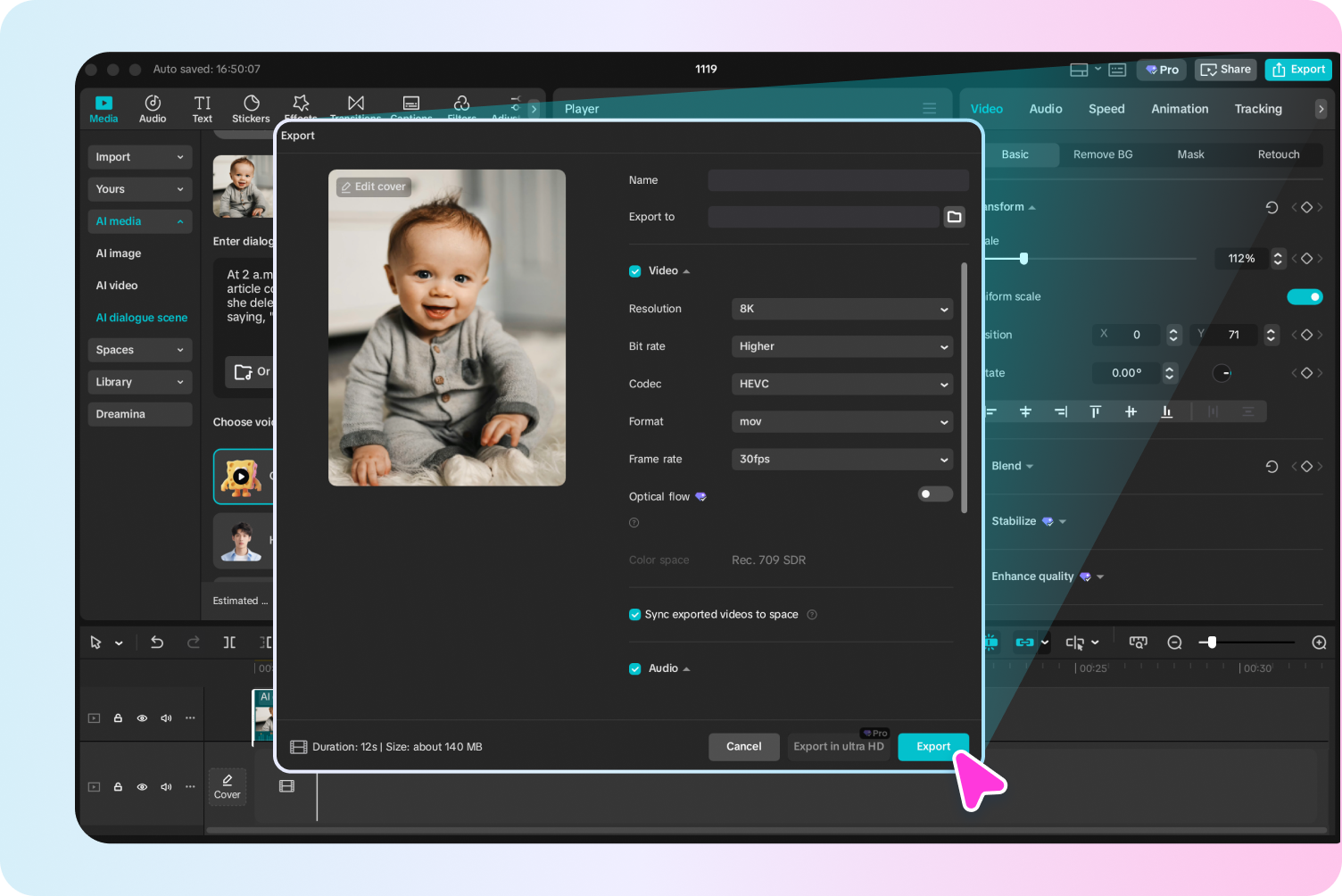 Export videos from CapCut's baby AI video generator