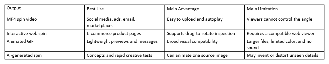 Table comparing spin video outputs, uses, advantages, and limitations for MP4, web spin, GIF, and AI-generated spin.