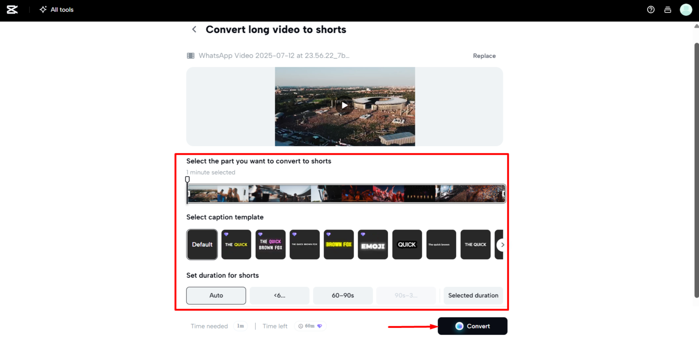 Auswählen des spezifischen Teils des Videos für Shorts in CapCut Web
