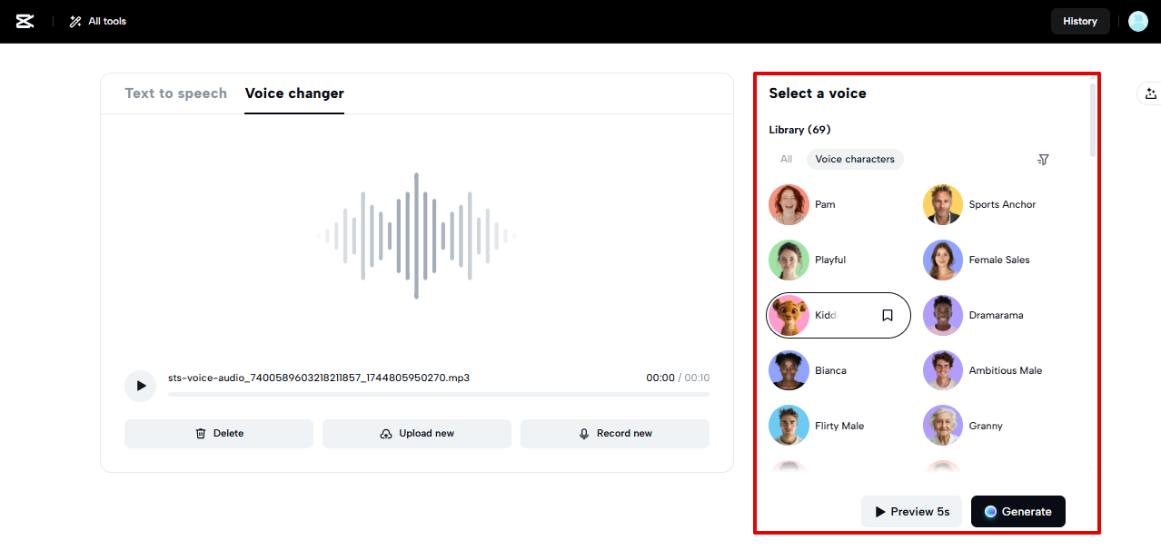 Changing voice in CapCut Web