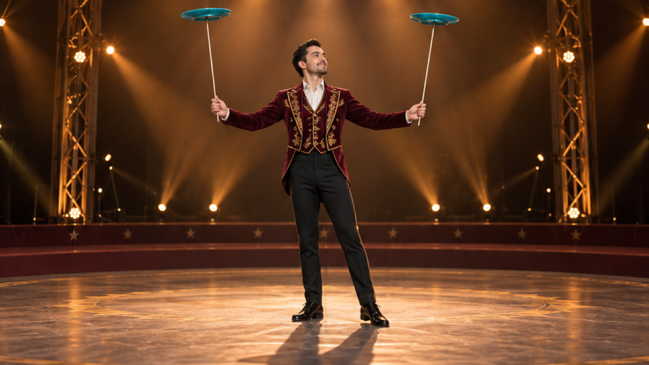 Premium photorealistic cinematic 16:9 STILL keyframe featuring an original adult man in a burgundy performance jacket and black trousers holding one slender rod in each hand, each rod supporting one spinning turquoise plate above shoulder height, in a polished contemporary circus stage with warm amber spotlights. Keep whole head, both hands, both rods, both plates, and shoes fully inside the composition. Detailed materials, coherent anatomy, balanced cinematic lighting, clean background separation. One coherent scene, no text, logos, watermark.
