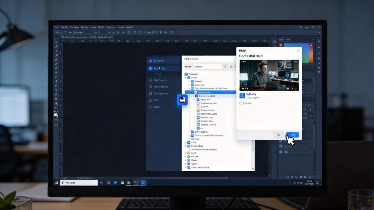 Desktop app with a help window open and a cursor clicking the Start button