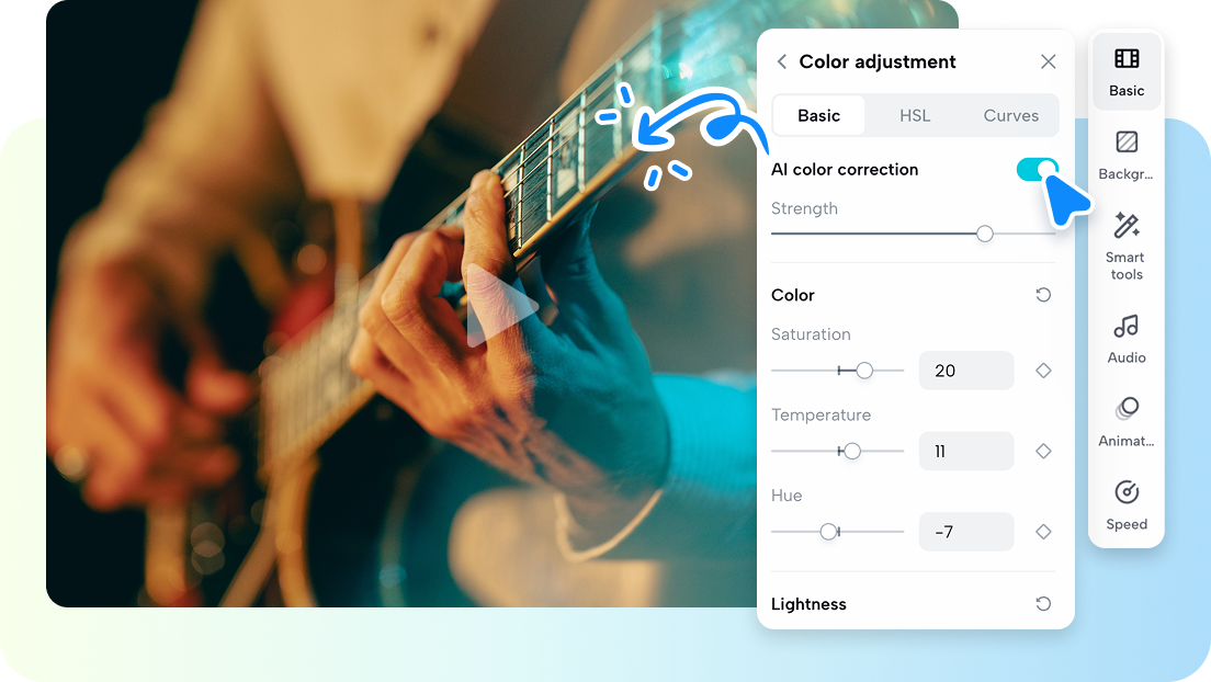 색상과 조명을 AI 또는 수동 편집으로 다듬기