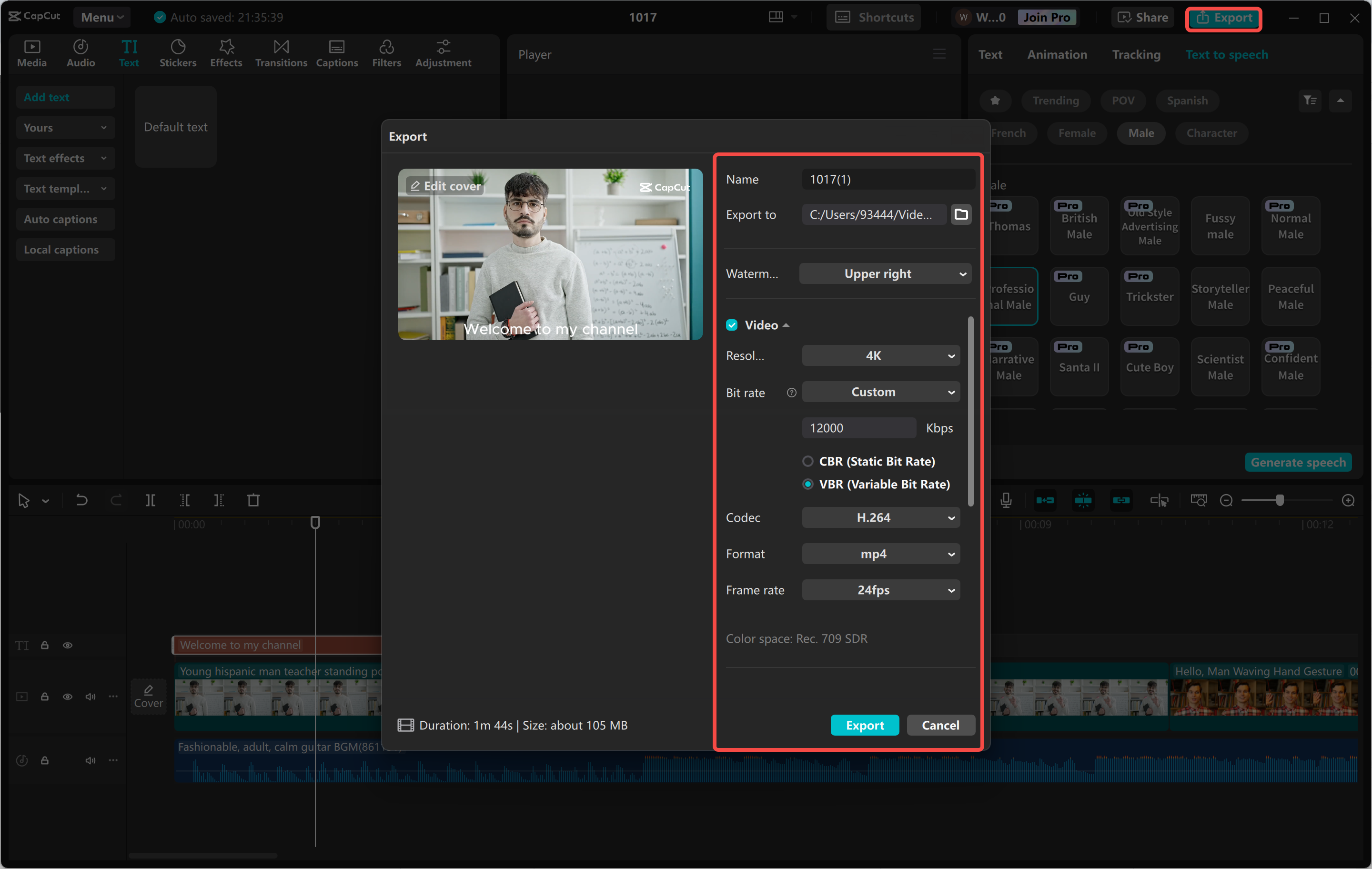 Esportazione di un video dall' CapCut editor video desktop
