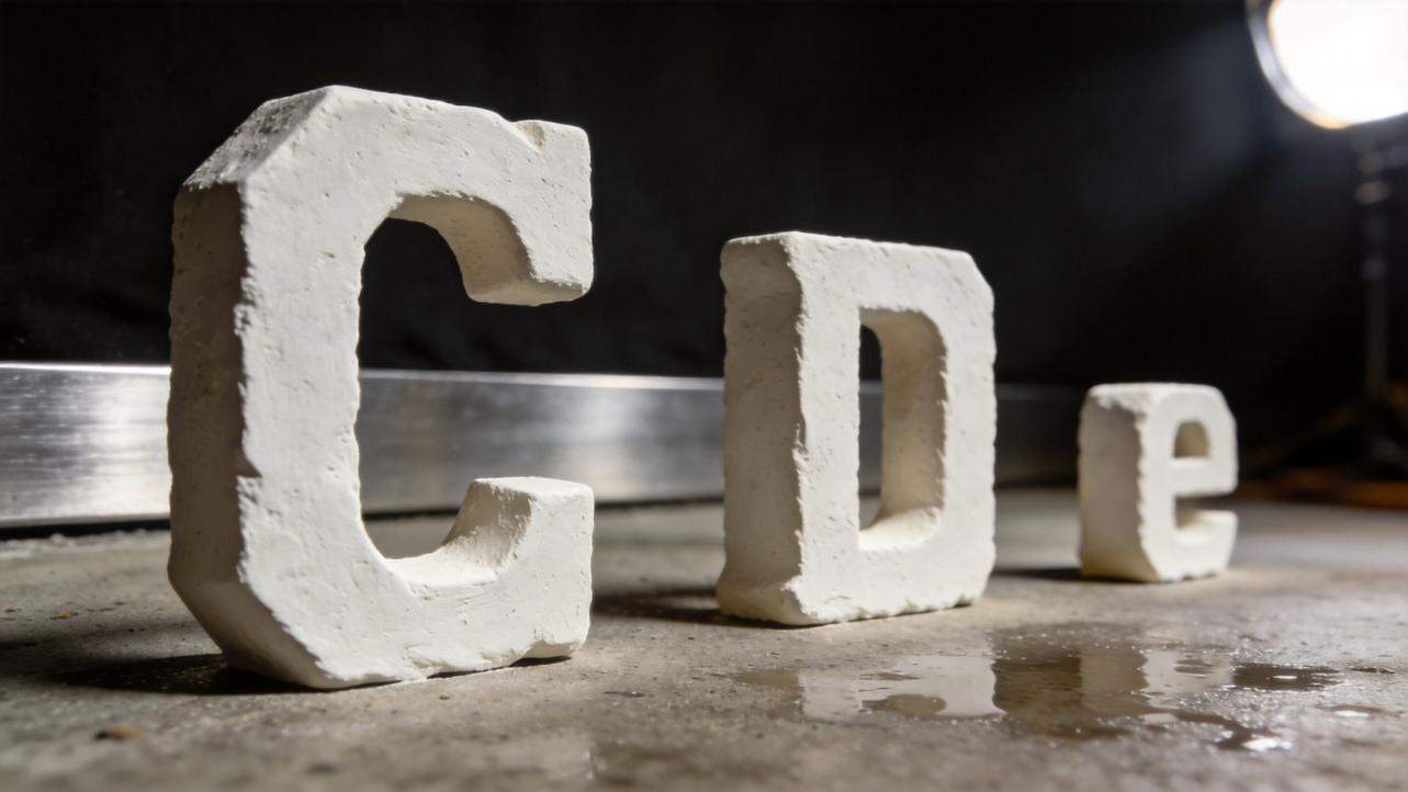 Three white 3D letters C, D, and e arranged from large to small on a wet floor