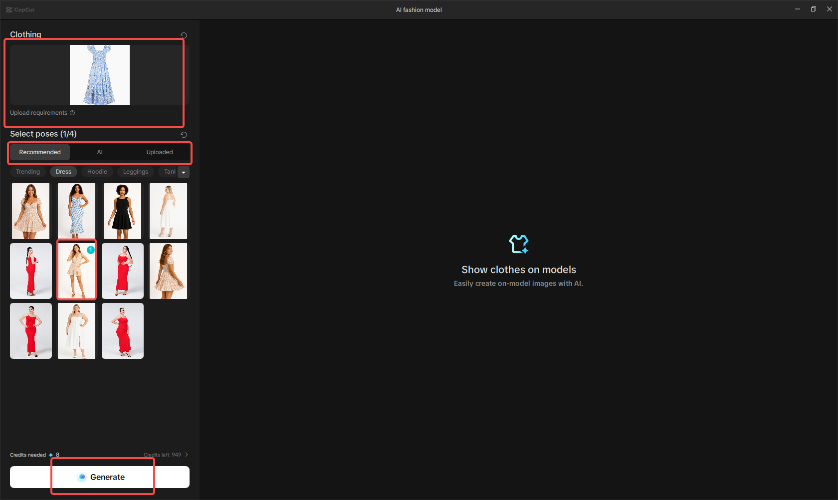Select a model and upload the cloth image