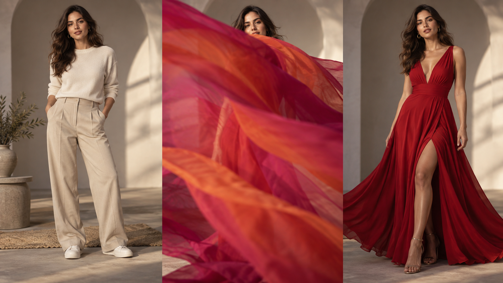 A neutral outfit, sweeping fabric transition, and bold formal outfit reveal