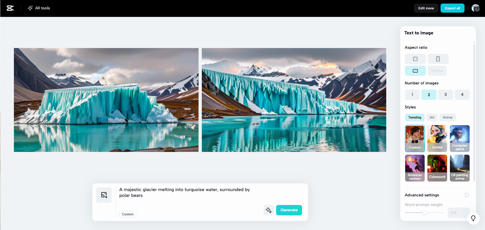 Interface of CapCut Web - one of the best free AI image generators on Reddit