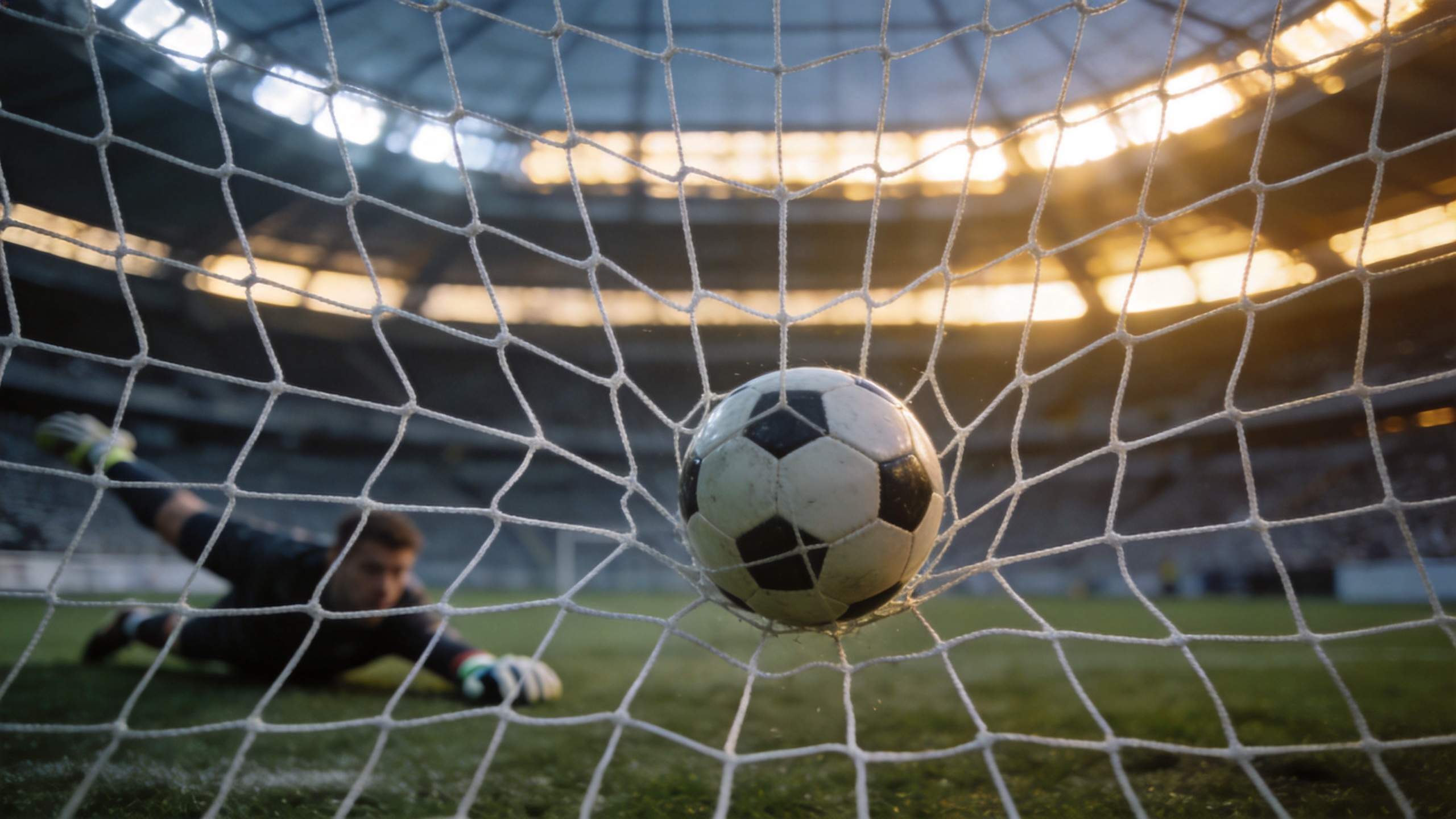 Soccer ball in the net with a goalkeeper diving behind it in a stadium