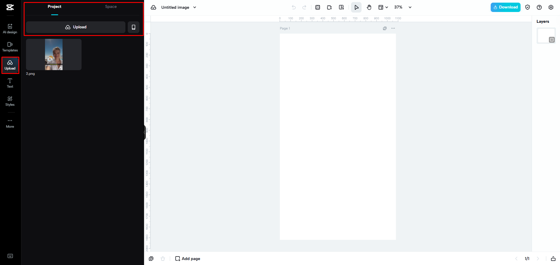 Uploading an image to CapCut Web