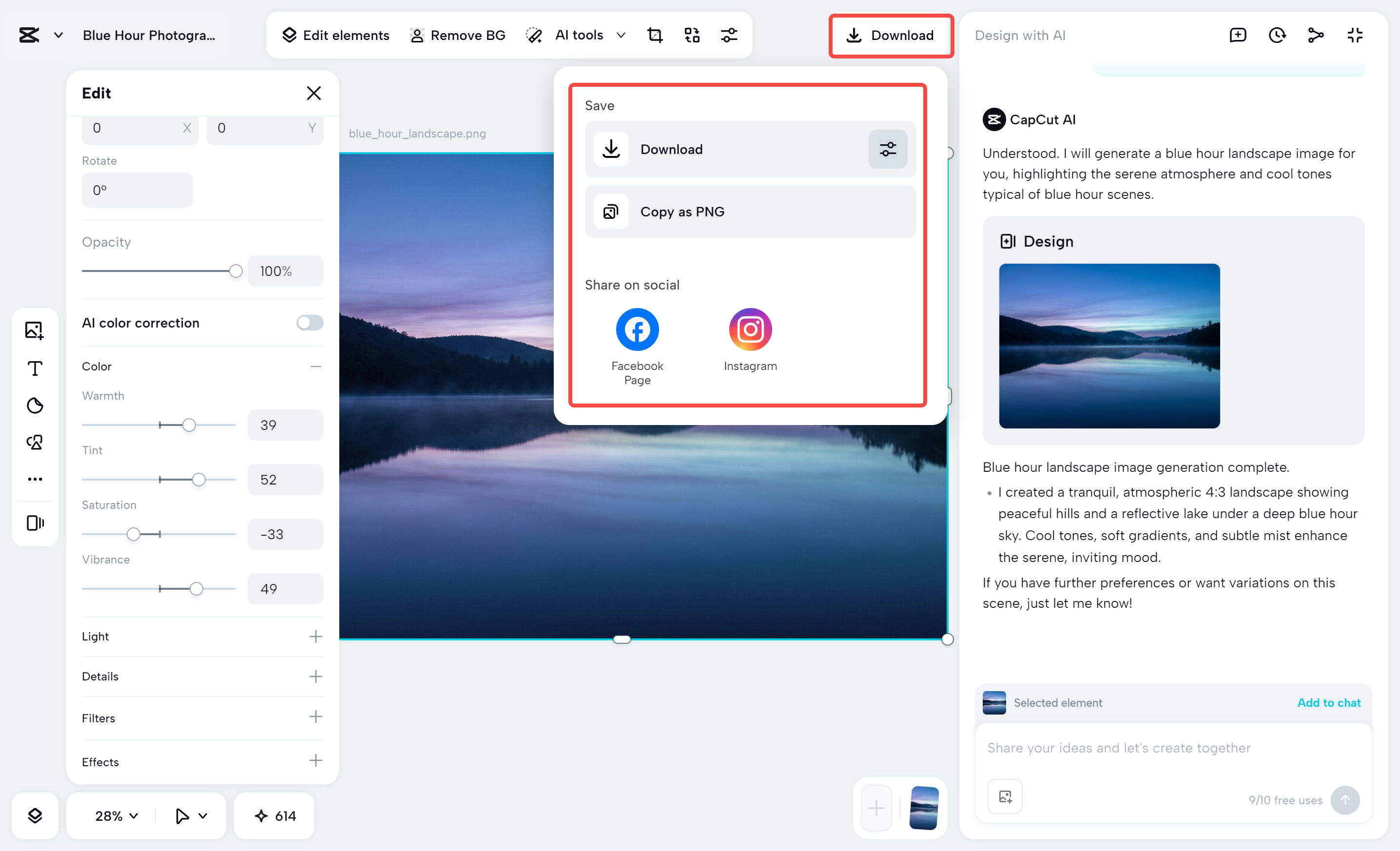 Exporting the image from the CapCut desktop video editor