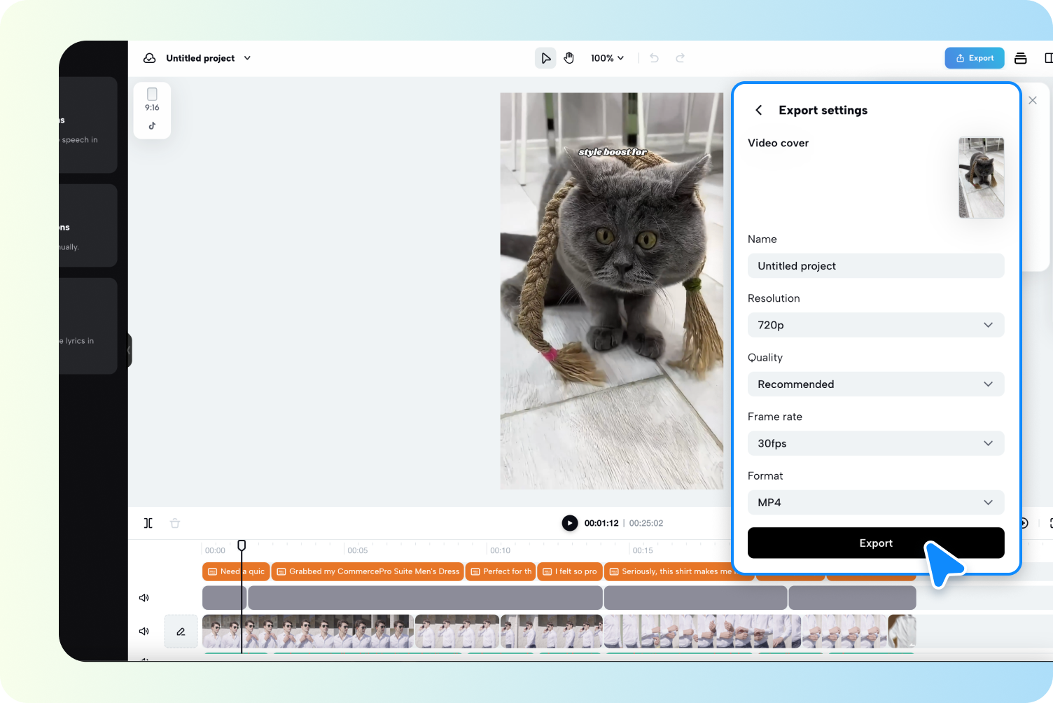 description=Pippit's video editor export screen, with the 'Frame Rate' dropdown menu open and '60fps' highlighted, showing other options like resolution and format.