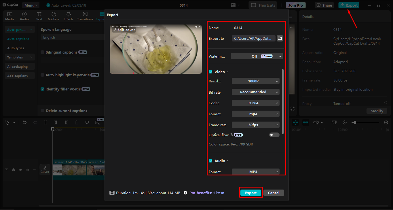 Exporting the video from the CapCut desktop video editor