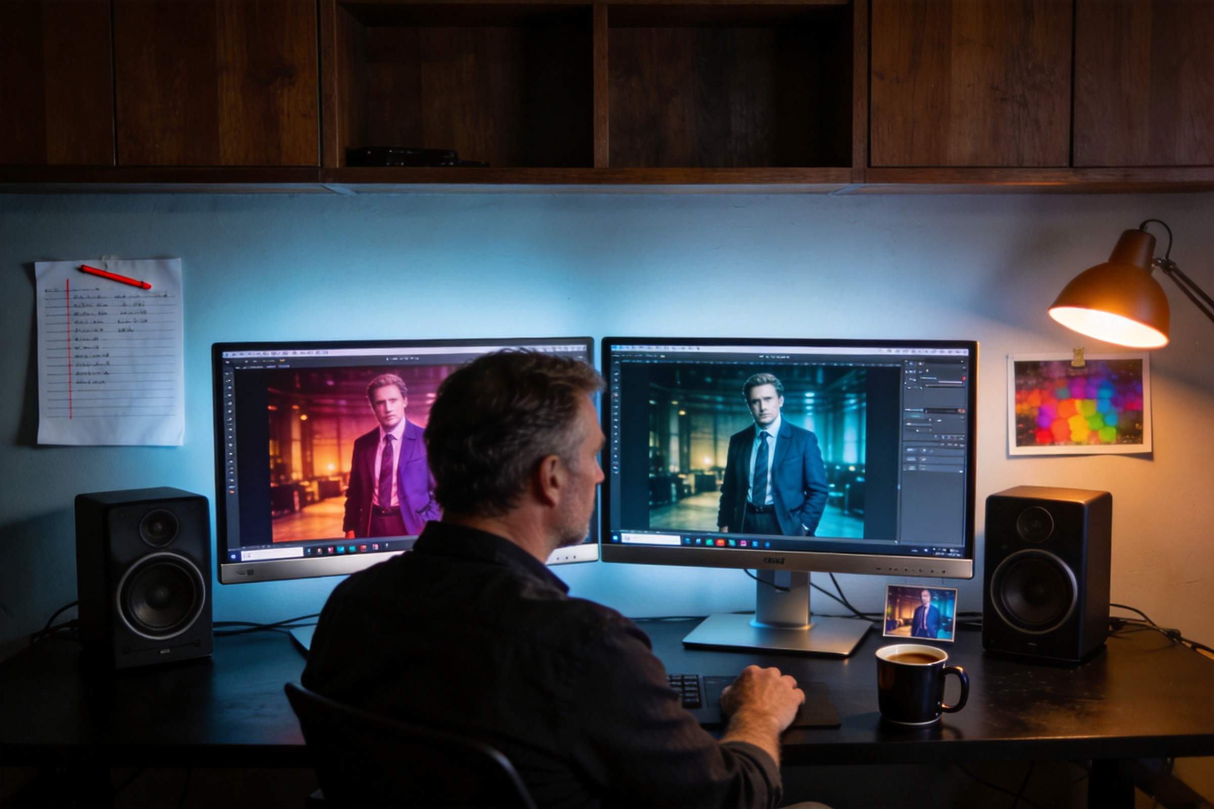 Filmmaker editing a video on dual monitors in a dimly lit workspace