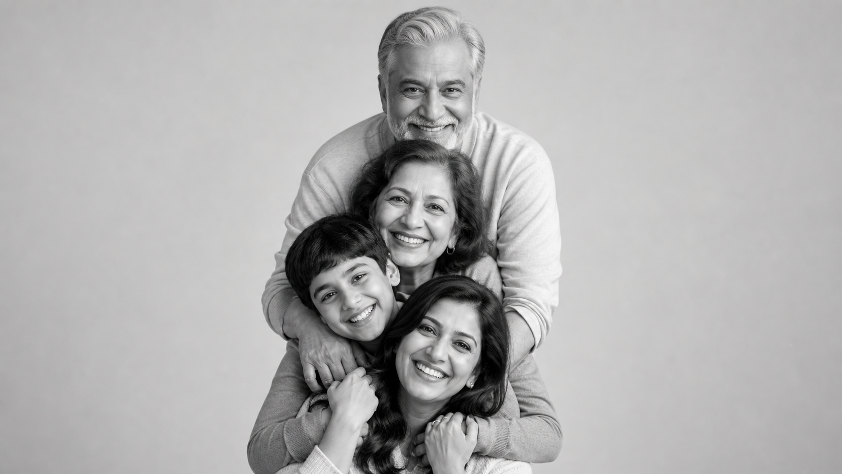 Cute black-and-white AI family portrait generated for Dreamina