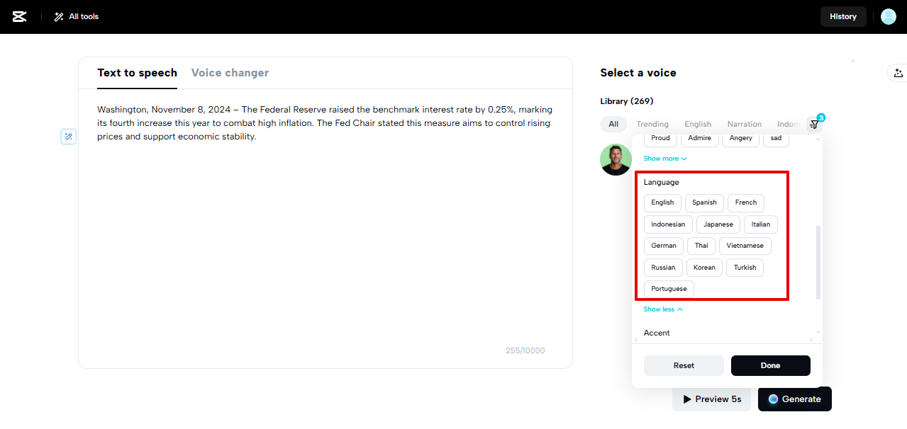 Многоязычная поддержка в инструменте преобразования текста в речь CapCut Web