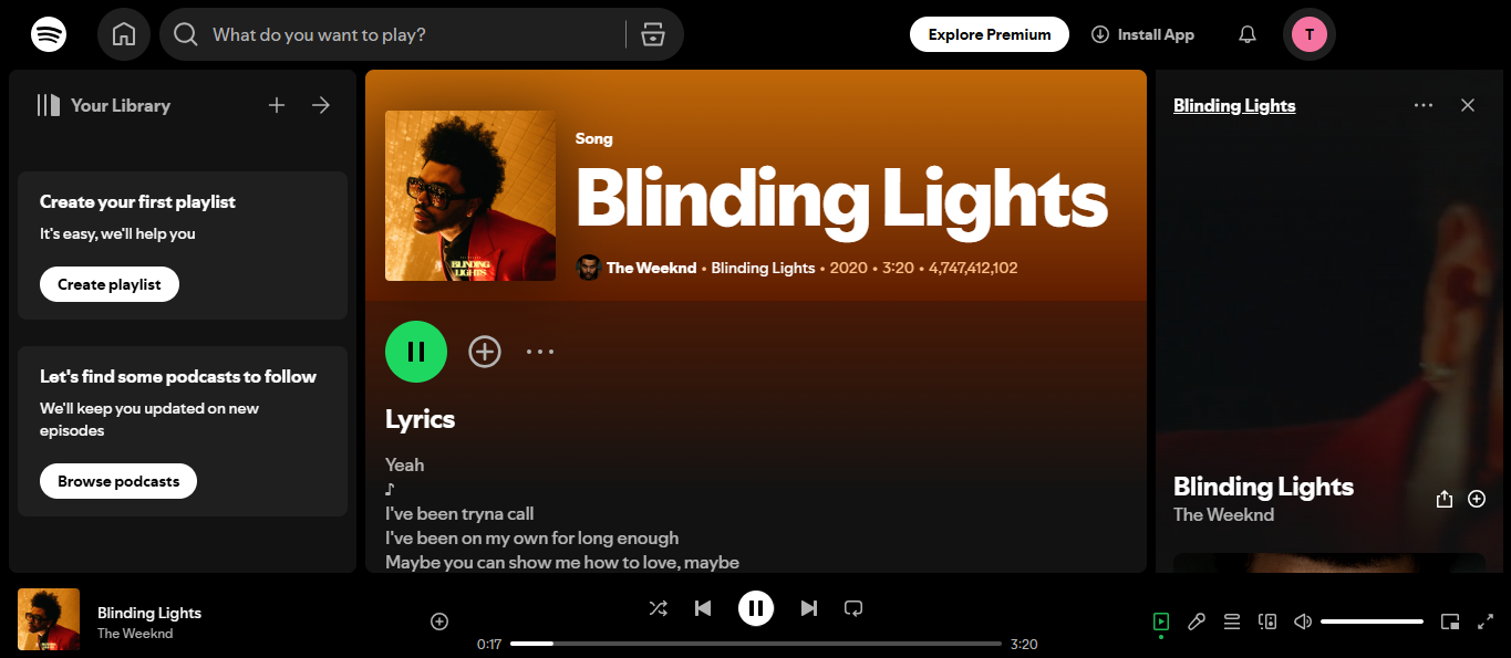 Interface de Blinding Lights - a música mais ouvida no Spotify