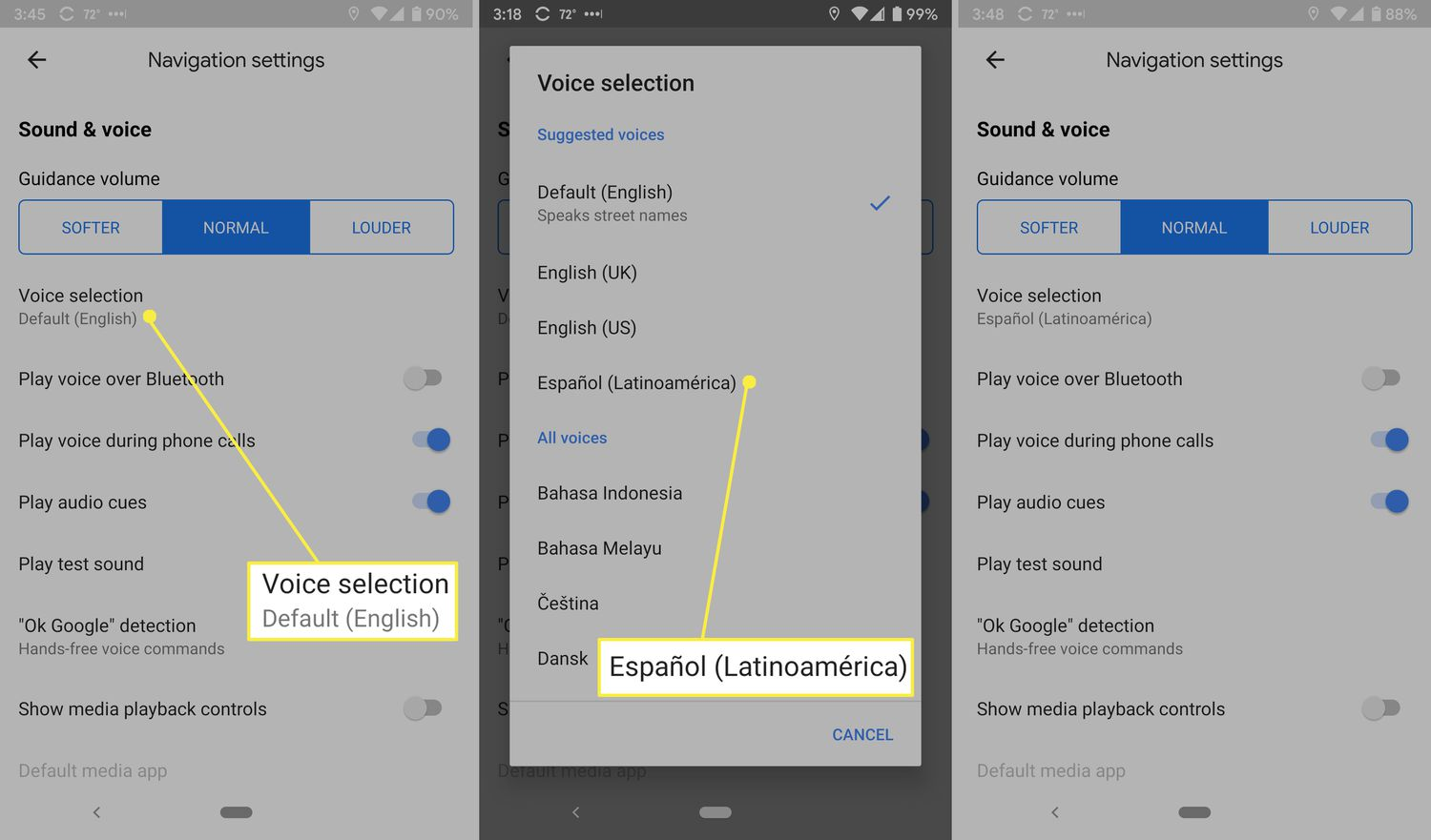 Showing how to change the voice on Google Maps for Android
