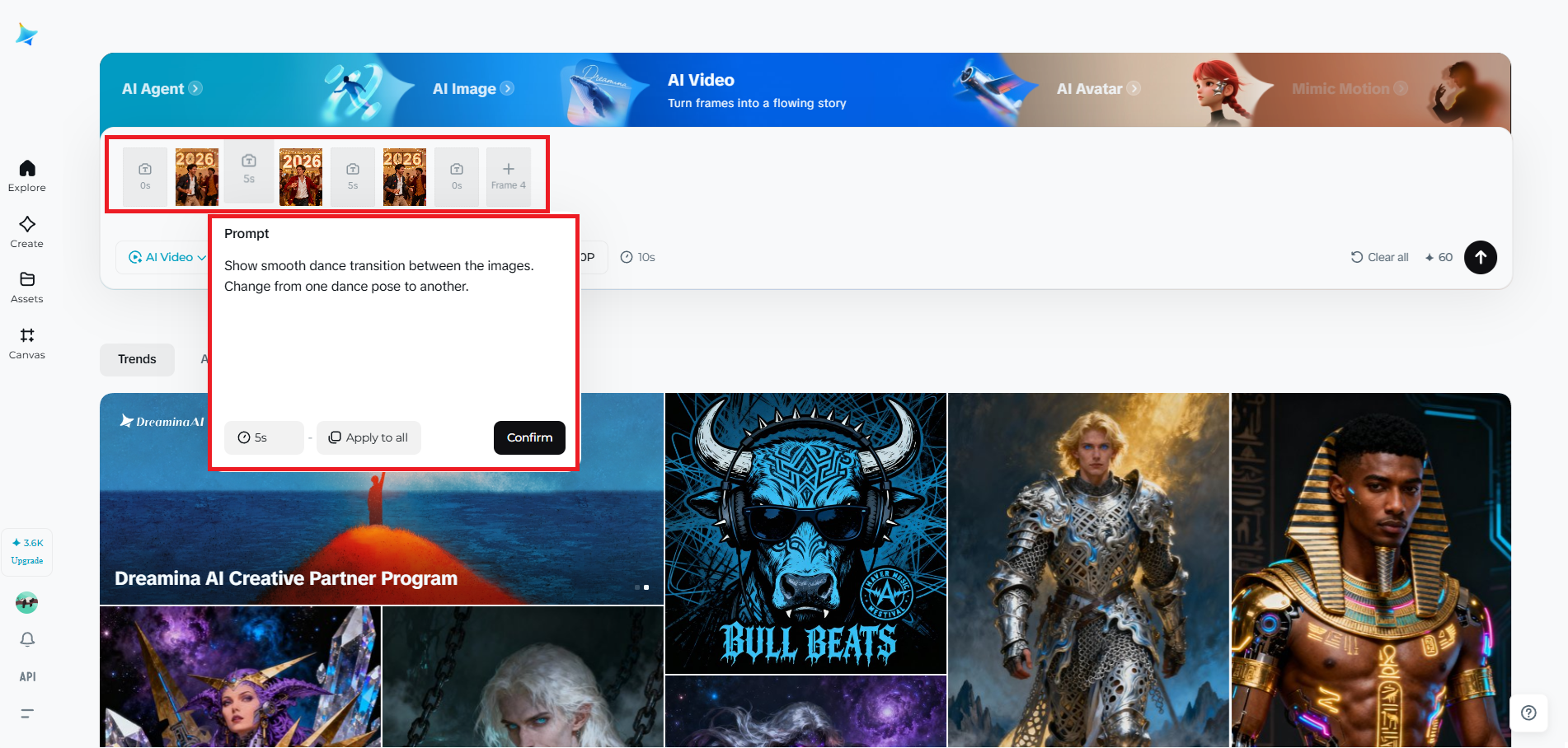 Multiframe feature in Dreamina