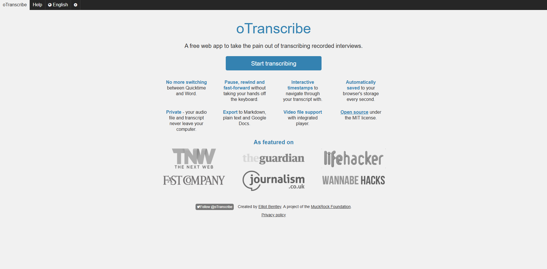 Interface of OTranscribe - an easy way to convert audio to text online for free
