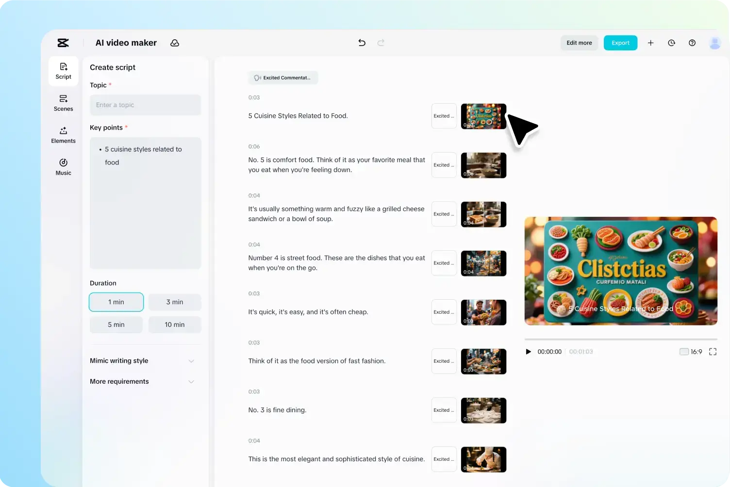 CapCut AI video maker showing generated scenes ready for review and further editing