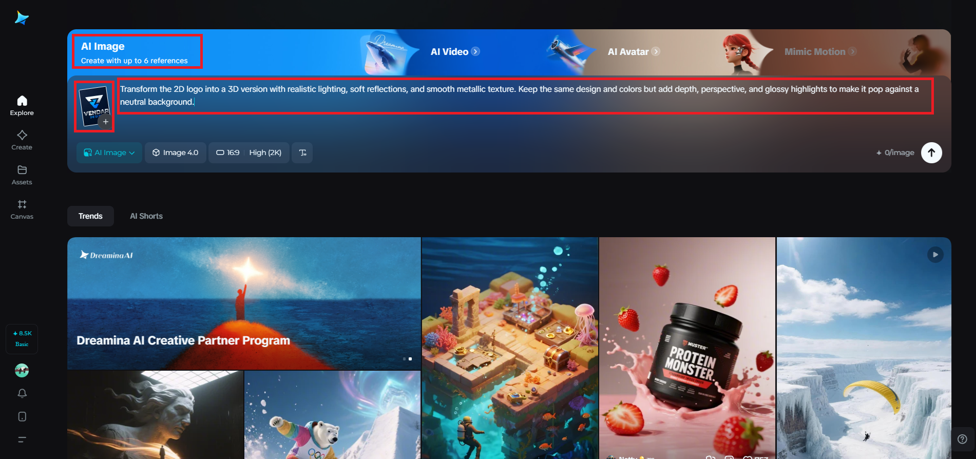 Upload your 2D logo and enter a 3D prompt