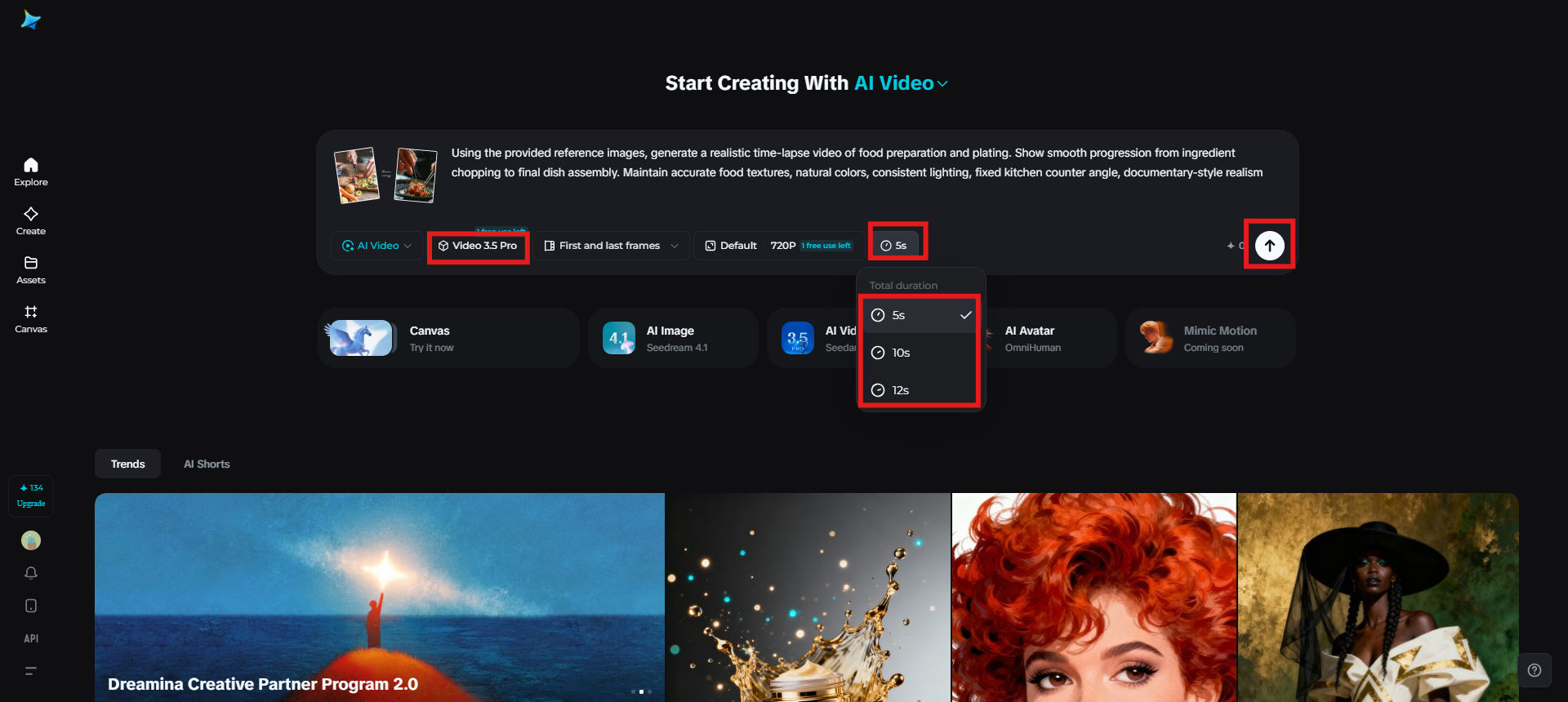 Select video model, duration, and generate