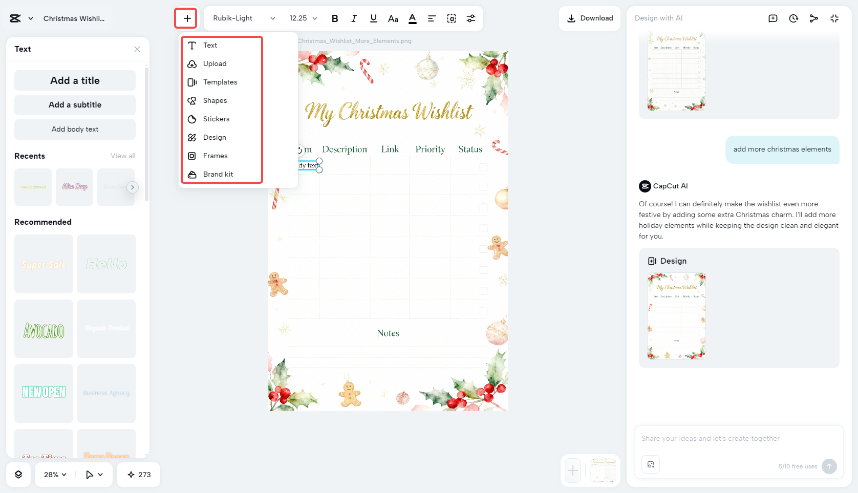 Editing and enhancing the wishlist template in CapCut