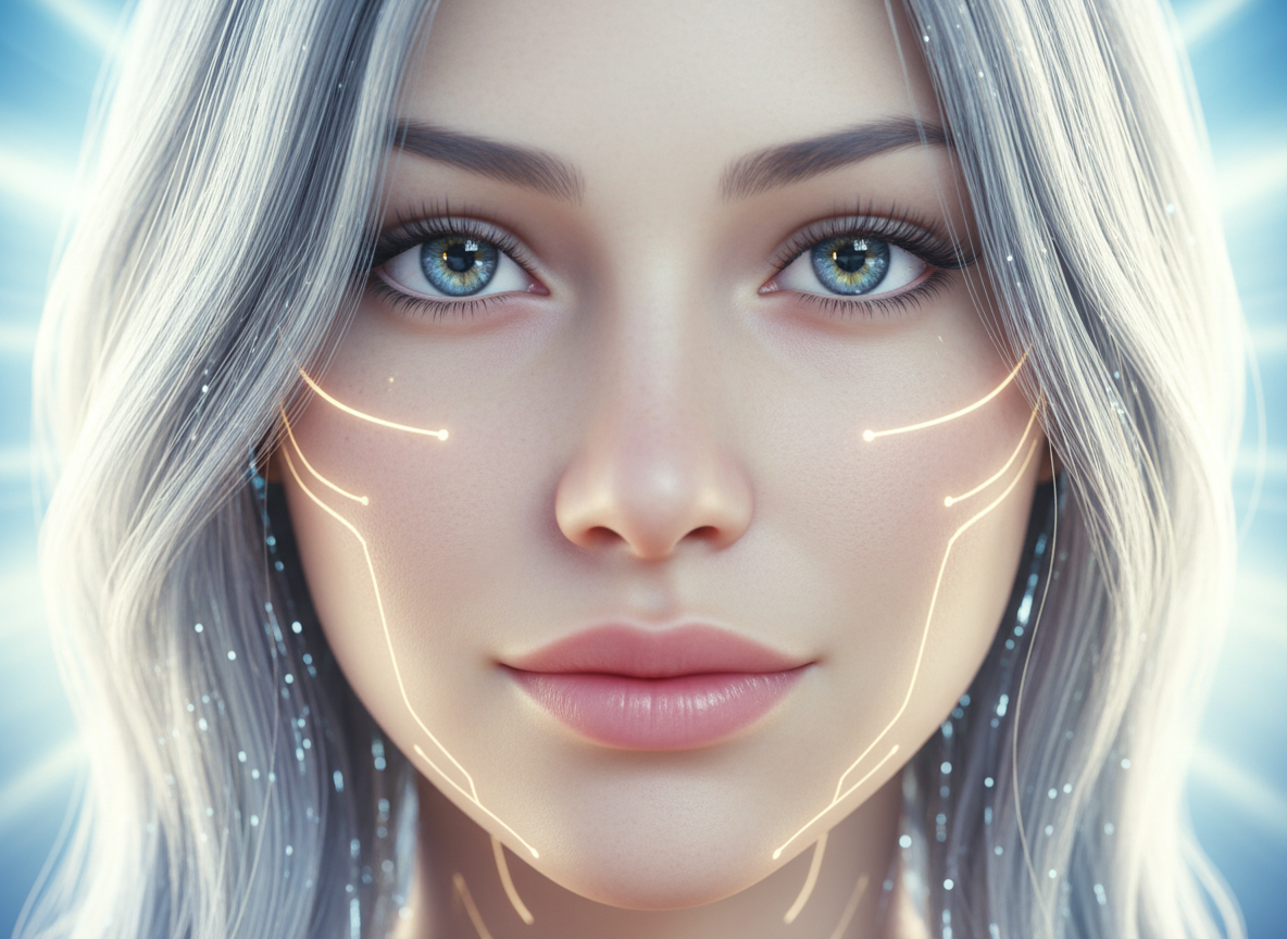 Close-up AI avatar face for thumbnail design, expressive eyes and clean contours on a bright background with 4K clarity.