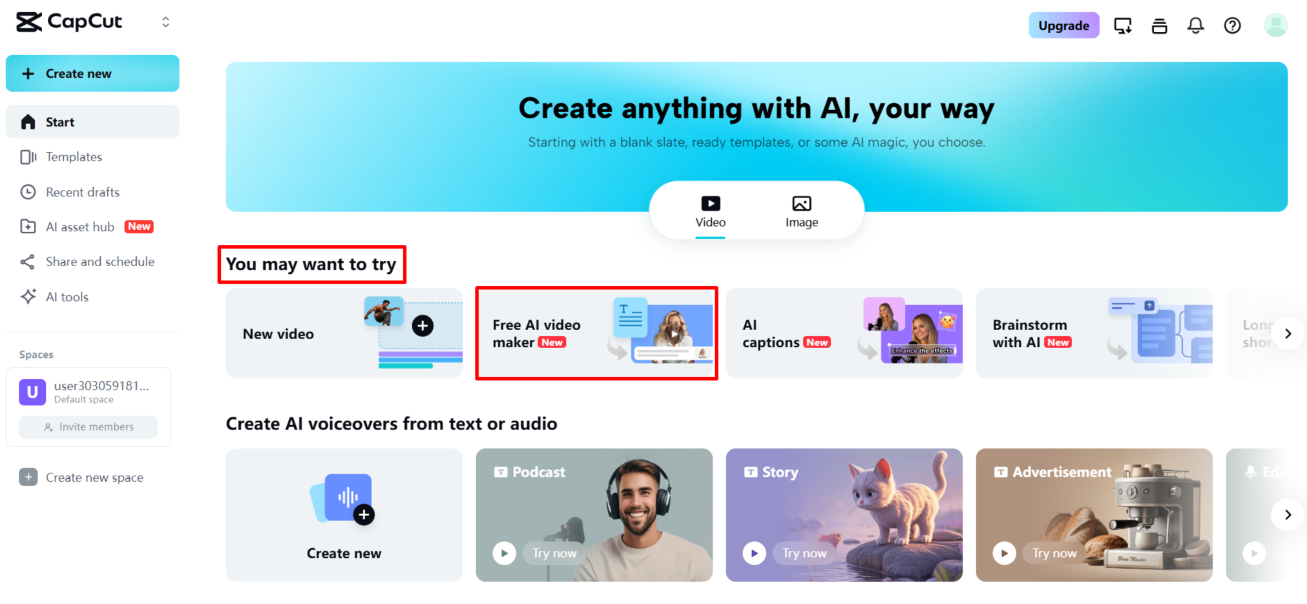 Access the AI video maker tool in the CapCut Web online video editor