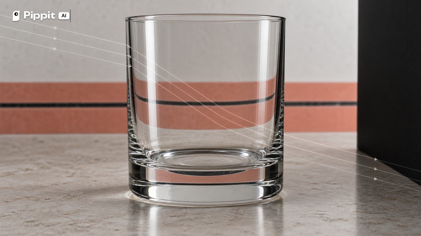 A clear glass tumbler bends black and coral background lines while softbox reflections define its edges.