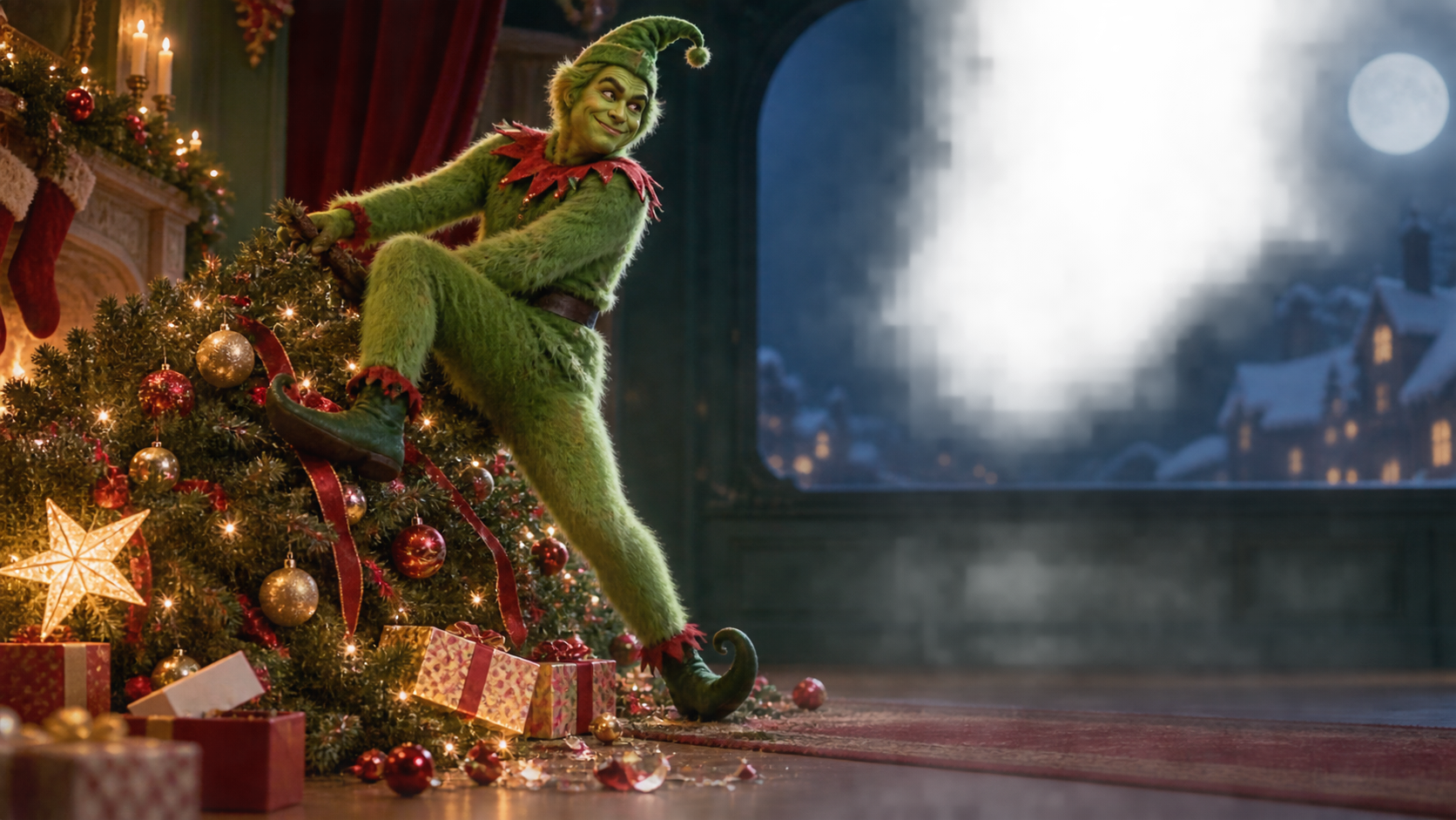 Mr. Grinch music video prompt image — Mischief dance finish