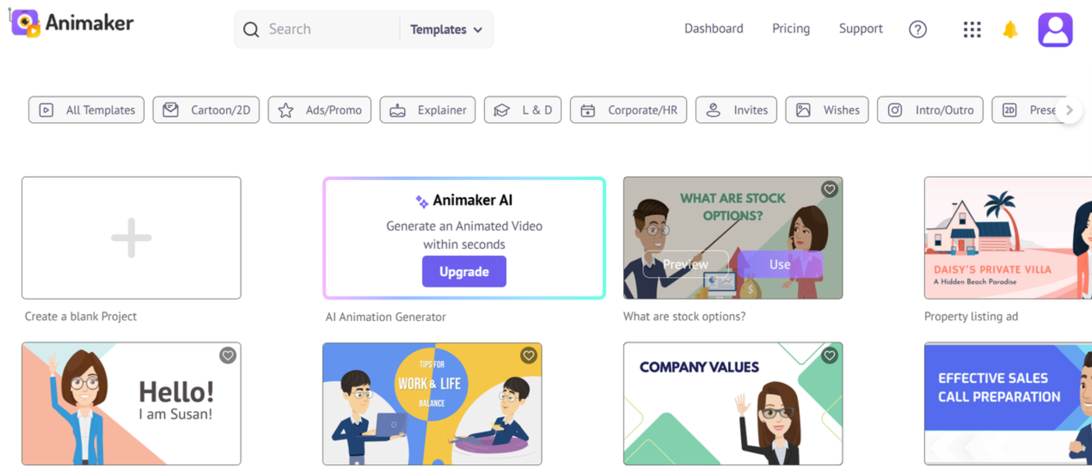 Antarmuka Animaker - perusahaan produksi video penjelasan animasi yang kuat