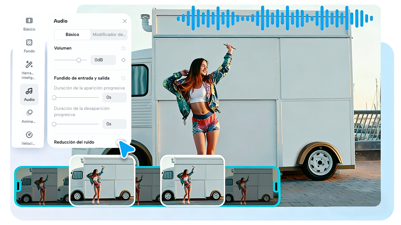 Utiliza herramientas para ajustar la velocidad de la pista de audio, de modo que el video con IA y la música se coordinen a la perfección.