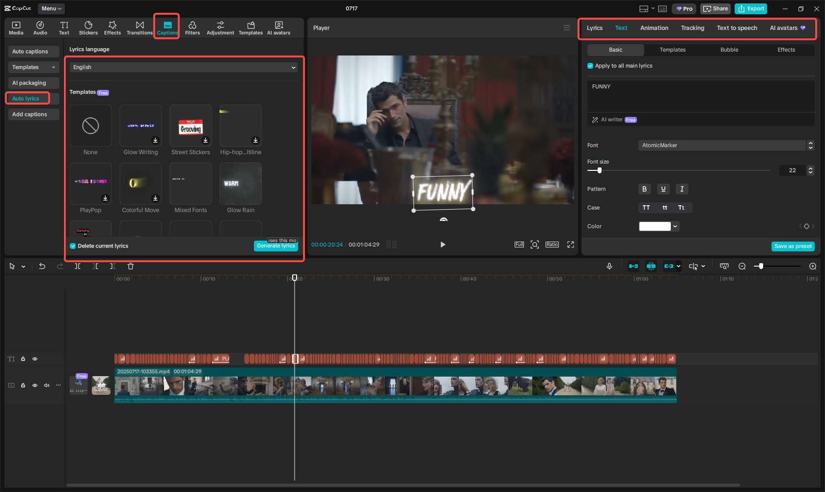 자동 가사 기능을 사용하여 노래방 동영상 만들기