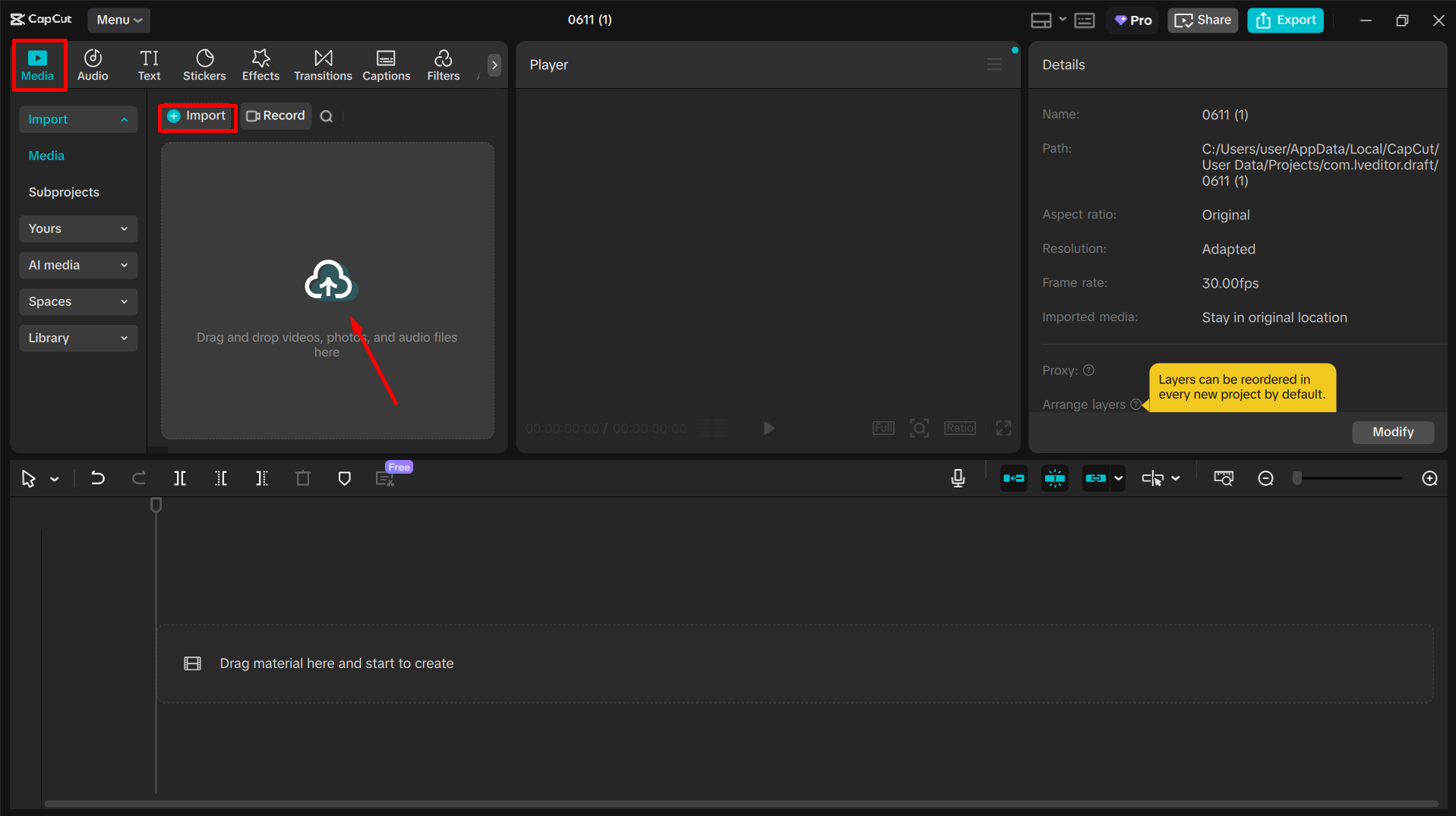 Importing the video to the CapCut desktop video editor