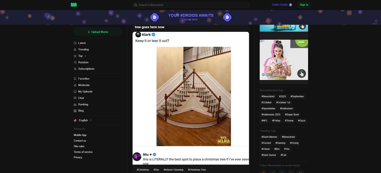 Interface of Memedroid - a site with funny Christmas tree memes 