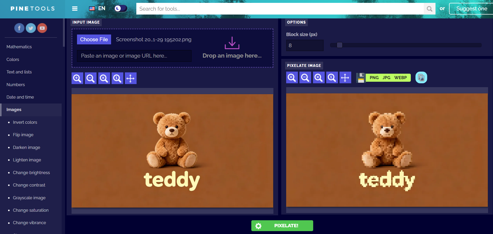 Pine Tools interface