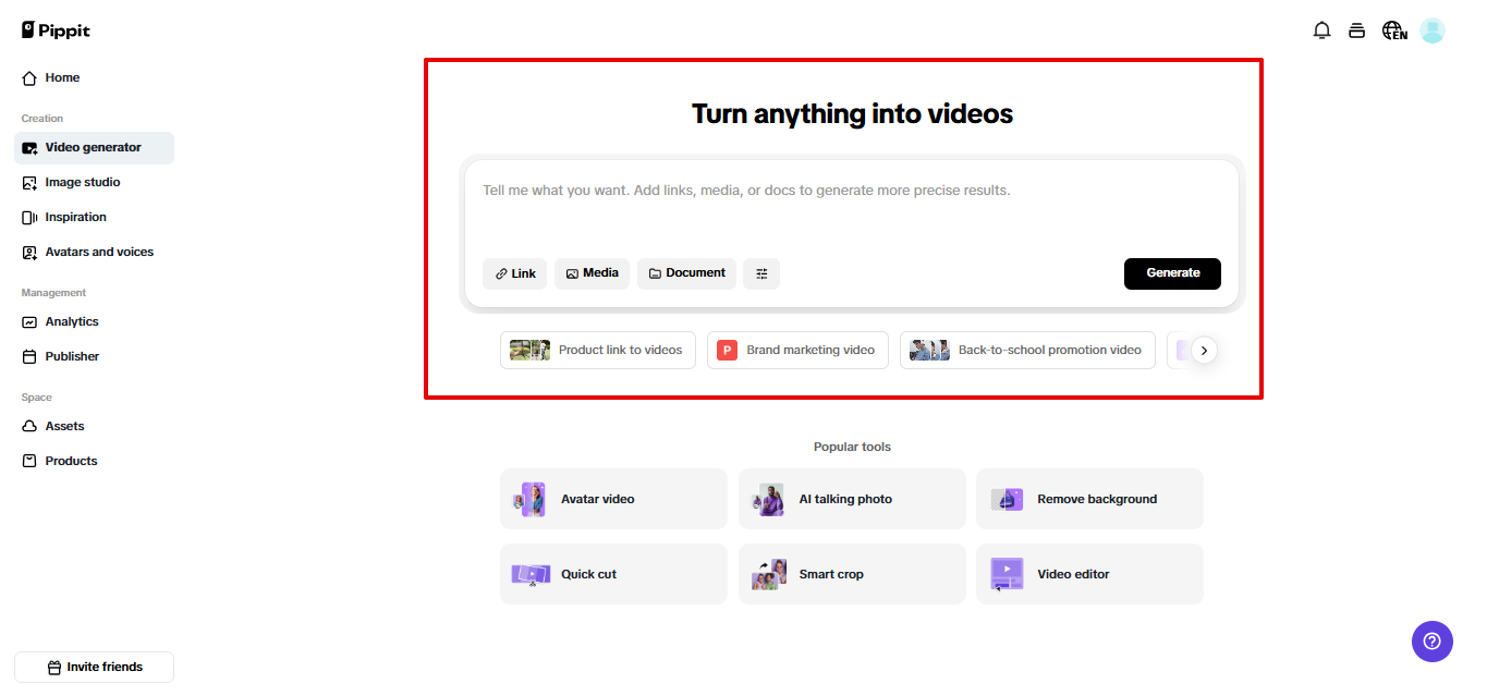 Video generator in Pippit