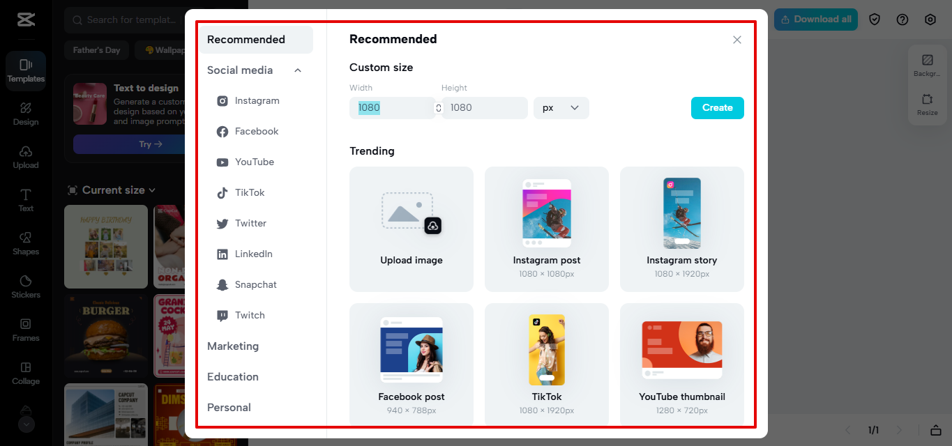 Setting canvas size in CapCut Web