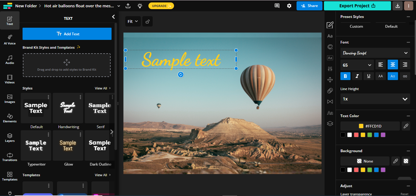 Interface of Kapwing  - the excellent online handwriting text animation generator