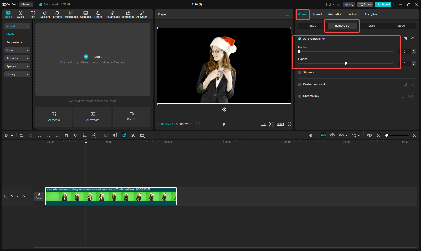 Remove green screen using auto removal in CapCut