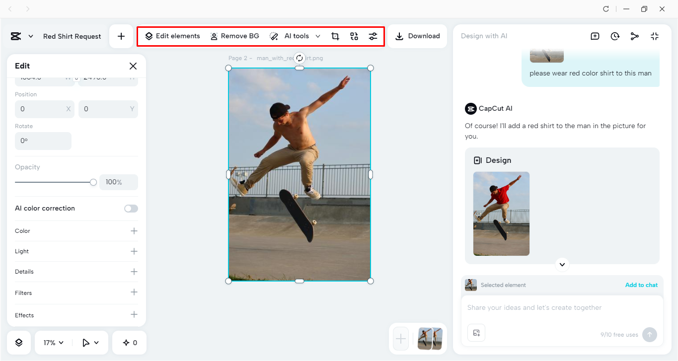 Editing a photo using AI tools in the CapCut desktop video editor