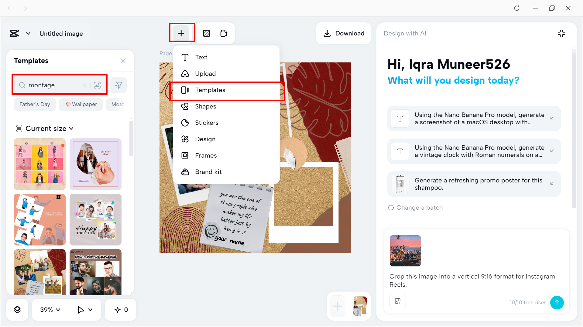 Choosing a montage template in the CapCut desktop video editor